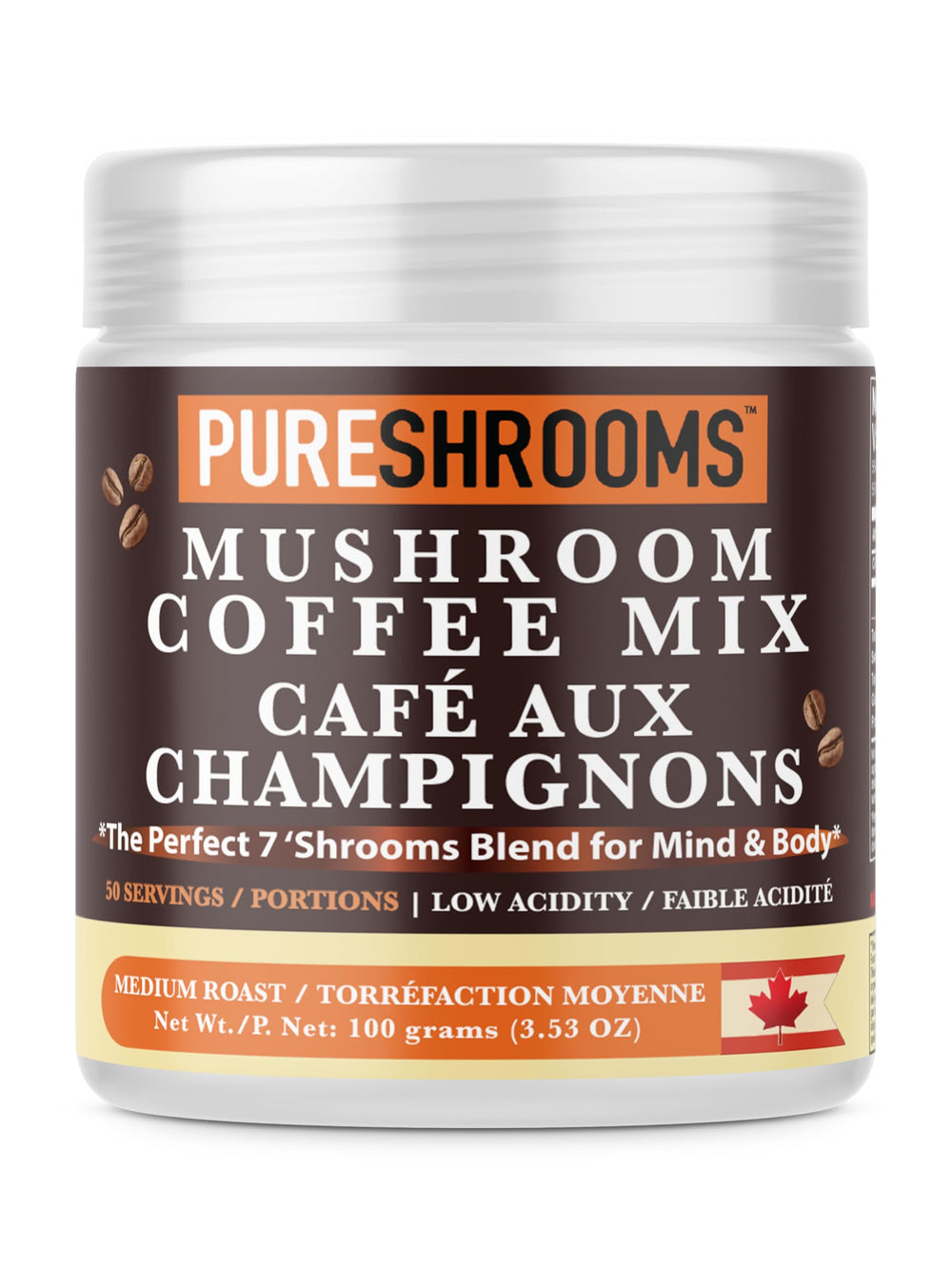 PureShrooms Perfect 7 Mushroom Coffee jar ready to brew a rich cup