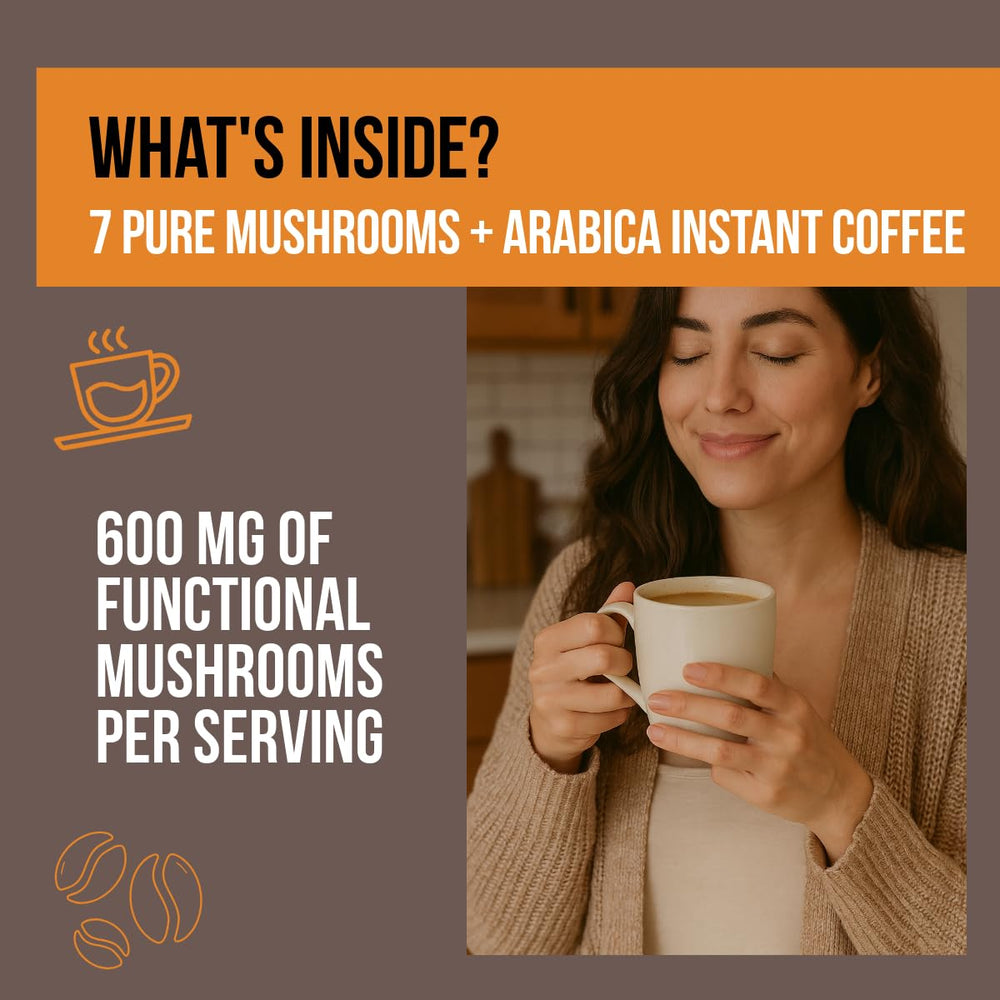 PureShrooms Perfect 7 Mushroom Coffee label showing premium ingredients for clean taste