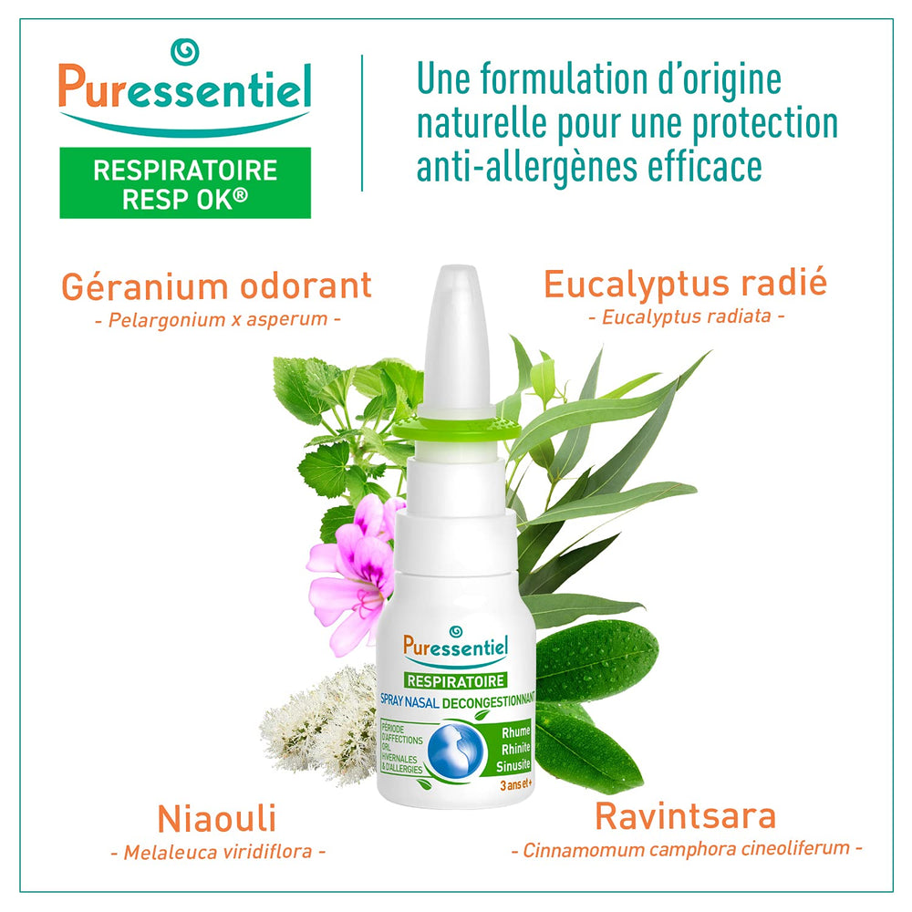 Puressentiel nasal spray application provides moisturizing, gentle congestion relief.