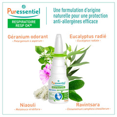 Puressentiel nasal spray application provides moisturizing, gentle congestion relief.