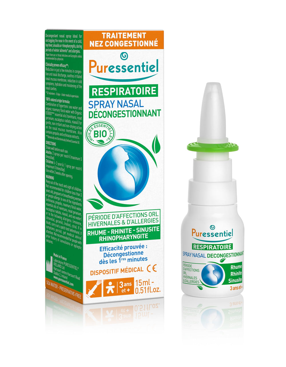 Puressentiel Respiratory Decongestant Nasal Spray bottle supports quick breathing relief.