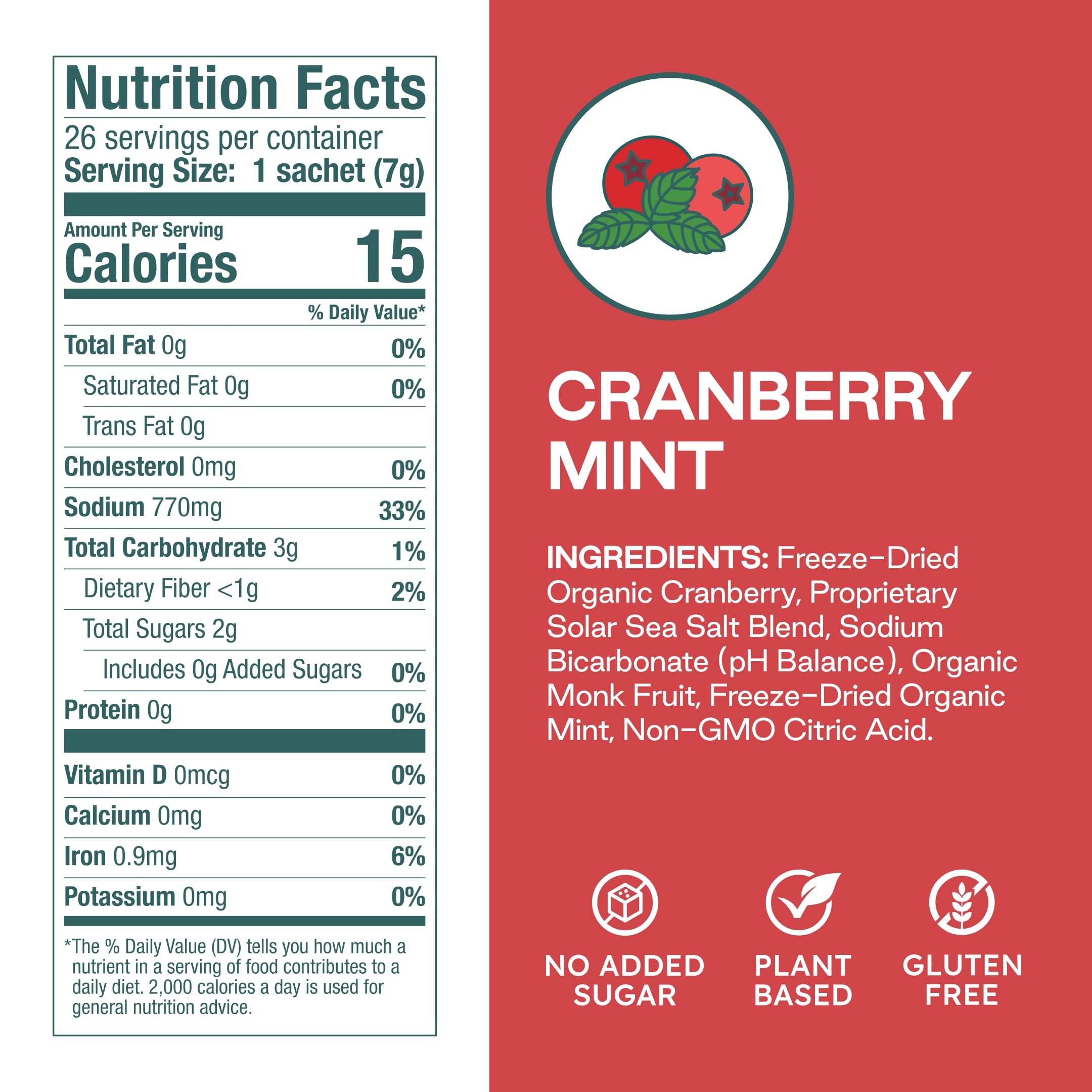 Purest Electrolyte cranberry mint packaging, organic ingredients for clean on-the-go hydration.