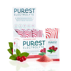 Purest Electrolyte cranberry mint packet closeup, zero sugar hydration for active days.