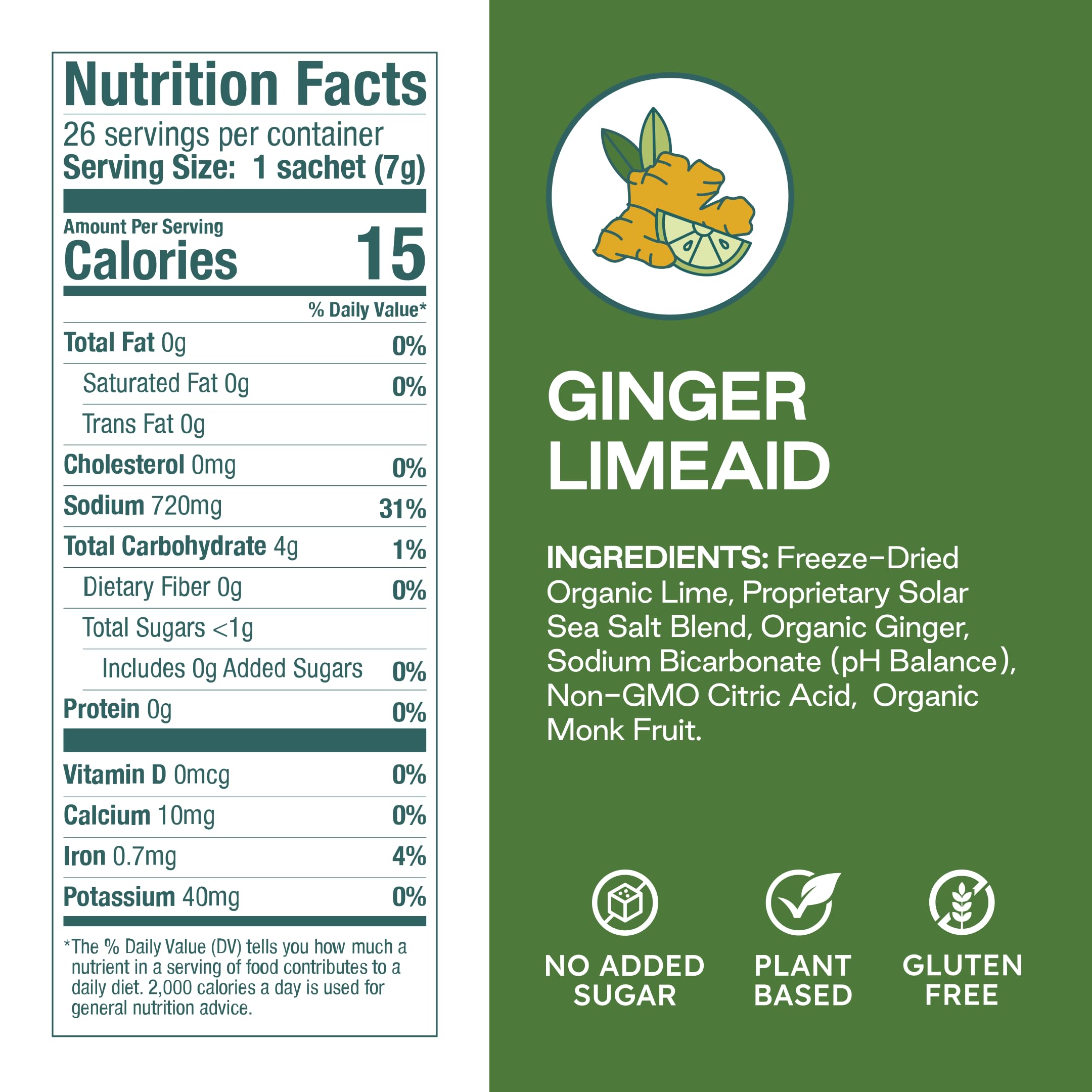 Purest Electrolyte ginger limeaid packet back, sugar-free nutrition details for travel.
