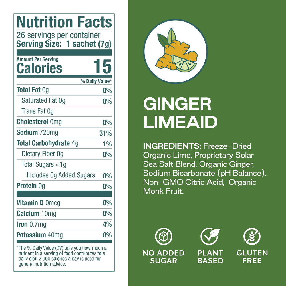 Purest Electrolyte ginger limeaid packet back, sugar-free nutrition details for travel.