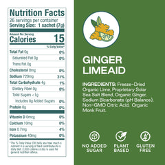 Purest Electrolyte ginger limeaid packet back, sugar-free nutrition details for travel.
