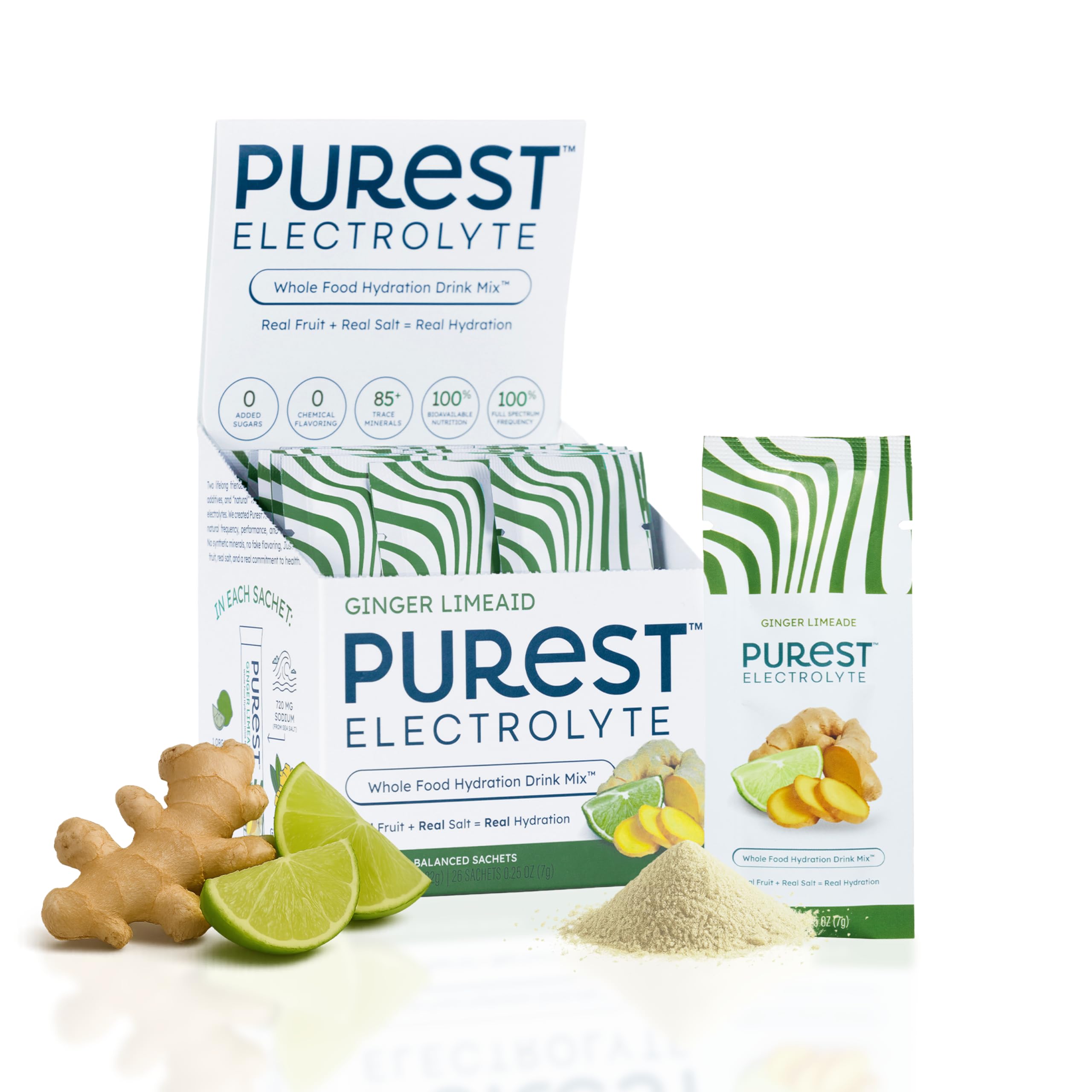 Purest Electrolyte ginger limeaid packet front, convenient hydration on the go.