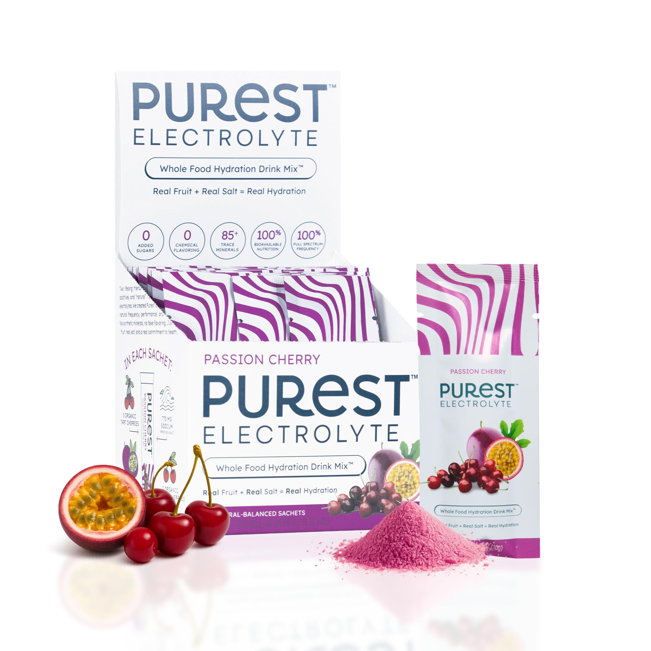 Purest Electrolyte passion cherry bottle pouring for fast hydration during workouts