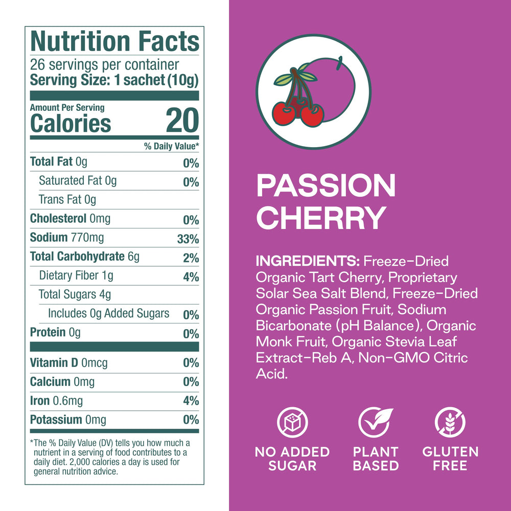 Purest Electrolyte packets opened showing organic freeze-dried fruits for natural flavor