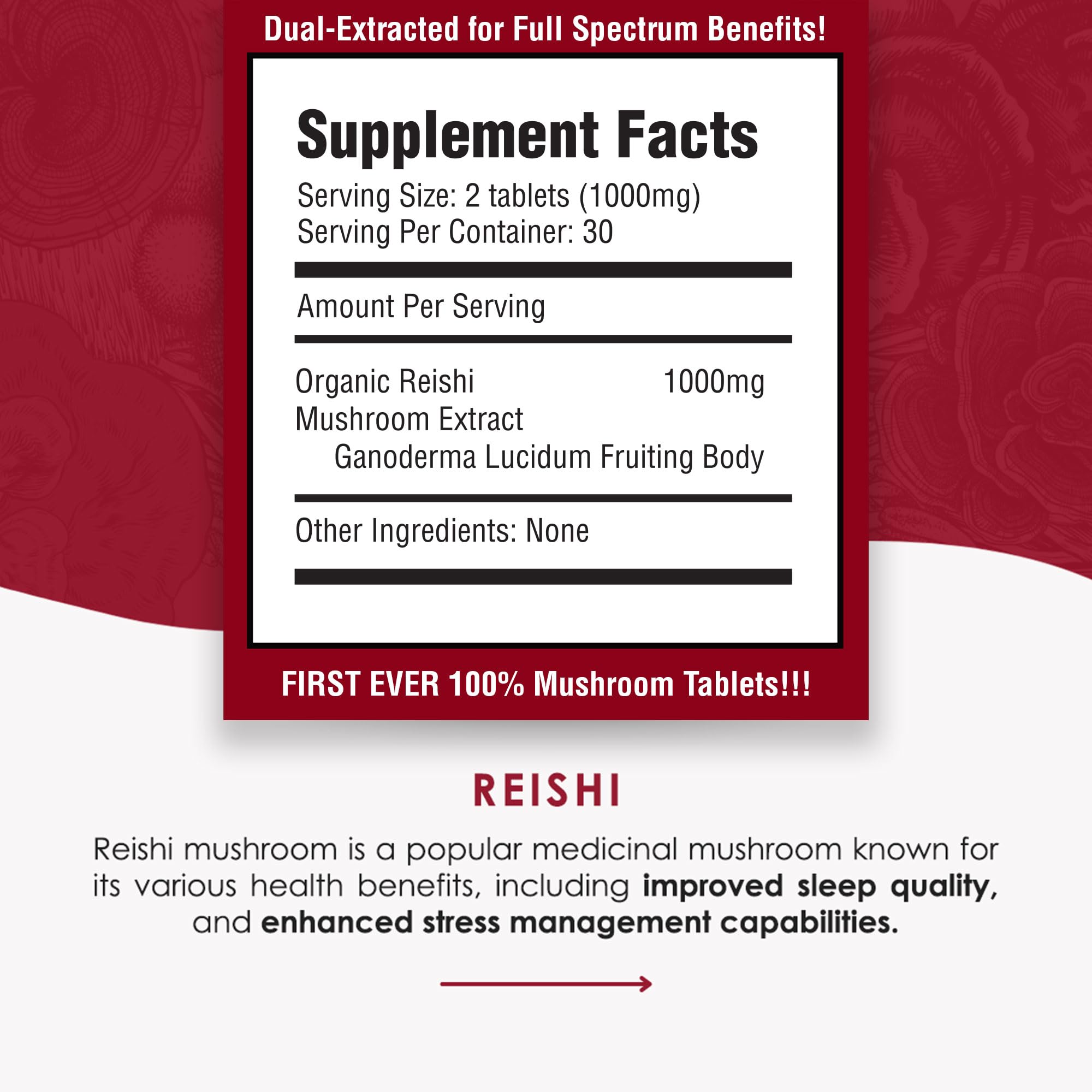 Close-up of Purest Mushrooms Reishi tablets showing pure content and no fillers.