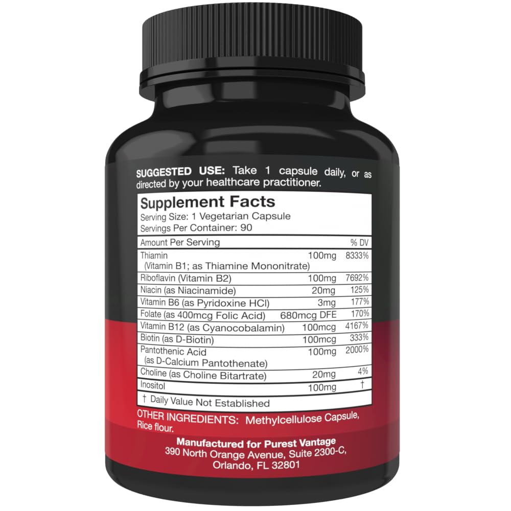 Purest Vantage Vitamin B Complex bottle back label detailing ingredients and GMP manufacturing quality.
