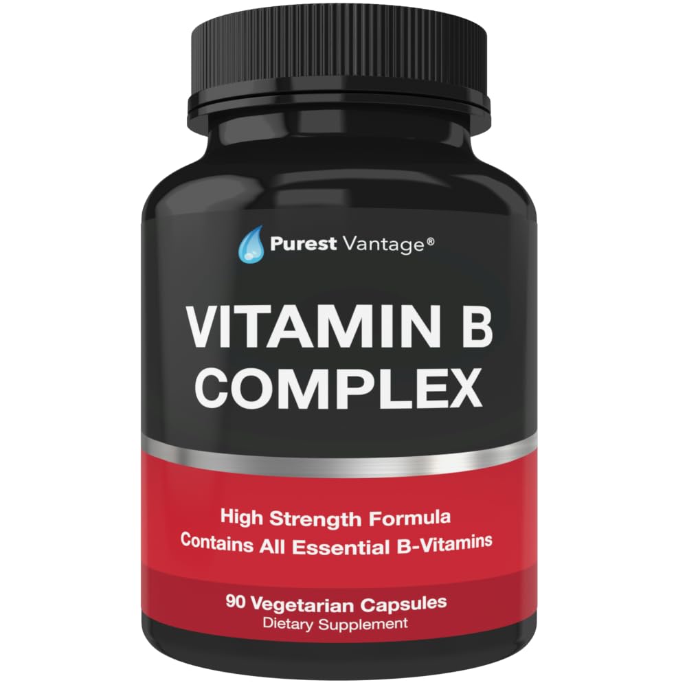 Purest Vantage Vitamin B Complex bottle front—vegan, GMO-free formula for daily wellness.