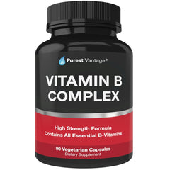 Purest Vantage Vitamin B Complex bottle front—vegan, GMO-free formula for daily wellness.