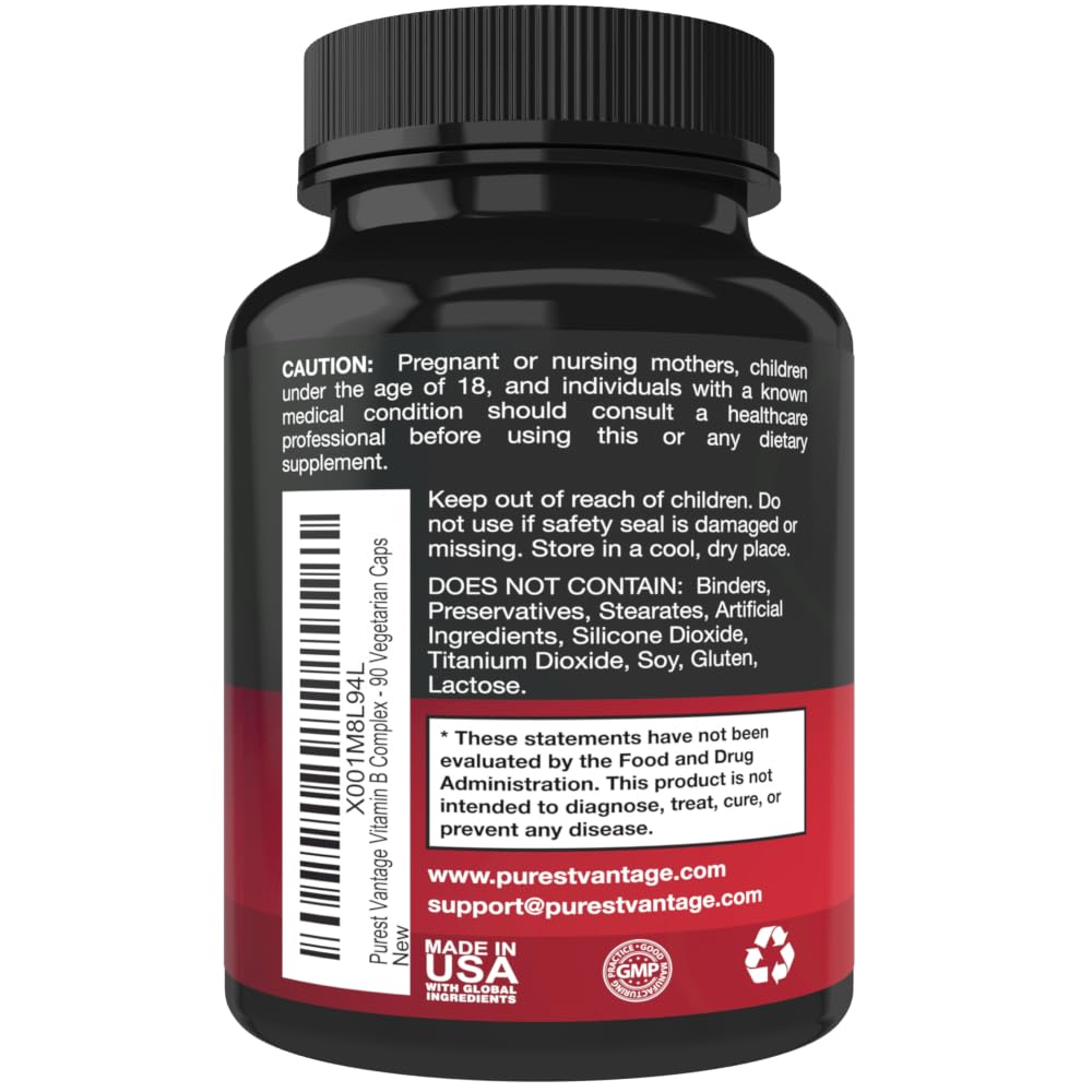 Purest Vantage Vitamin B Complex capsules closeup highlighting capsule shape and high potency blend.