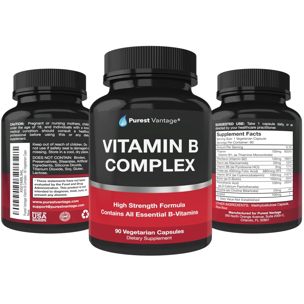 Purest Vantage Vitamin B Complex packaging suggesting a 3-month supply and clean vegan ingredients.