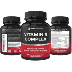 Purest Vantage Vitamin B Complex packaging suggesting a 3-month supply and clean vegan ingredients.