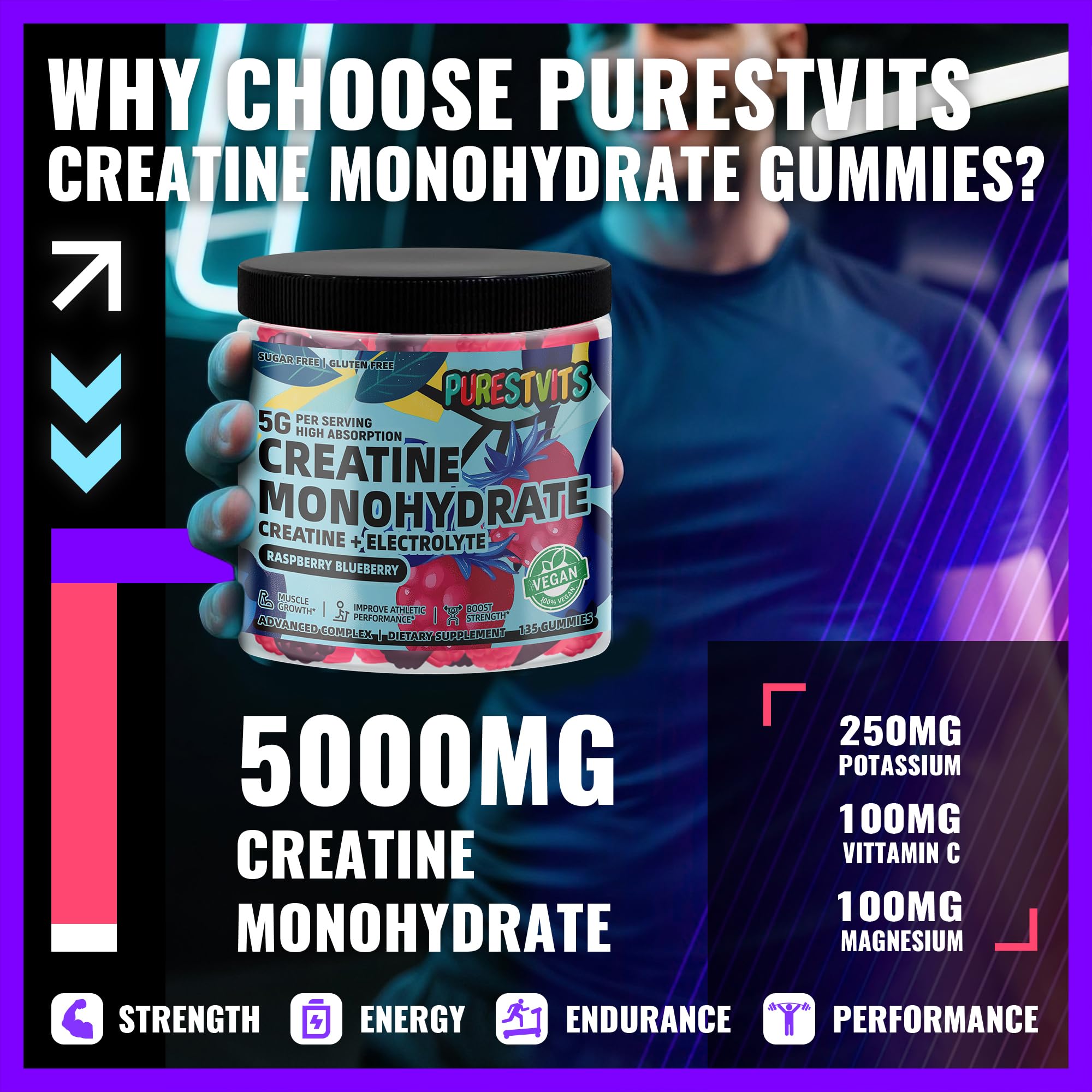 PURESTVITS Creatine Gummy bottle front, vegan and gluten free for active lifestyles