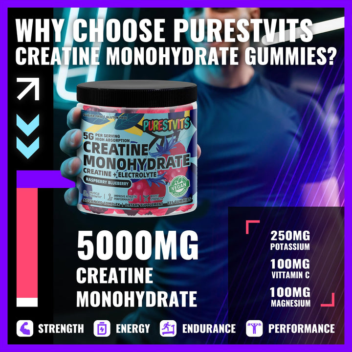 PURESTVITS Creatine Gummy bottle front, vegan and gluten free for active lifestyles