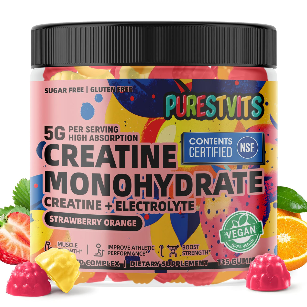 PURESTVITS creatine gummy bottle front showing convenient 3-gummy serving.
