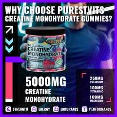 PURESTVITS Creatine Gummy bottle front, vegan and gluten free for active lifestyles