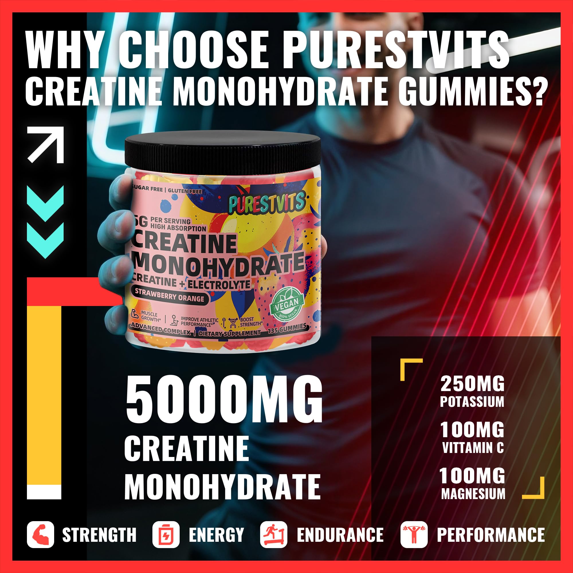 PURESTVITS creatine monohydrate gummies close-up with vibrant flavor.