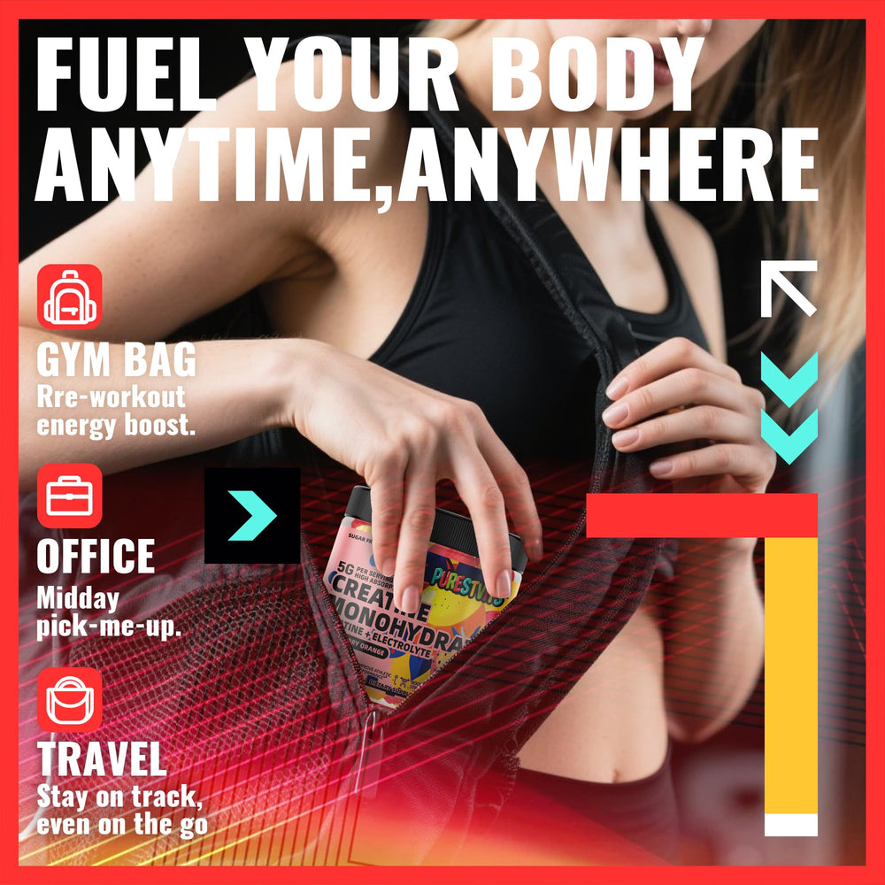 PURESTVITS strawberry orange flavor gummies shown as tasty workout fuel.