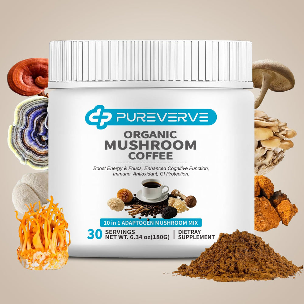 Pureverve Mushroom Coffee canister with 10-mushroom blend for antioxidant energy