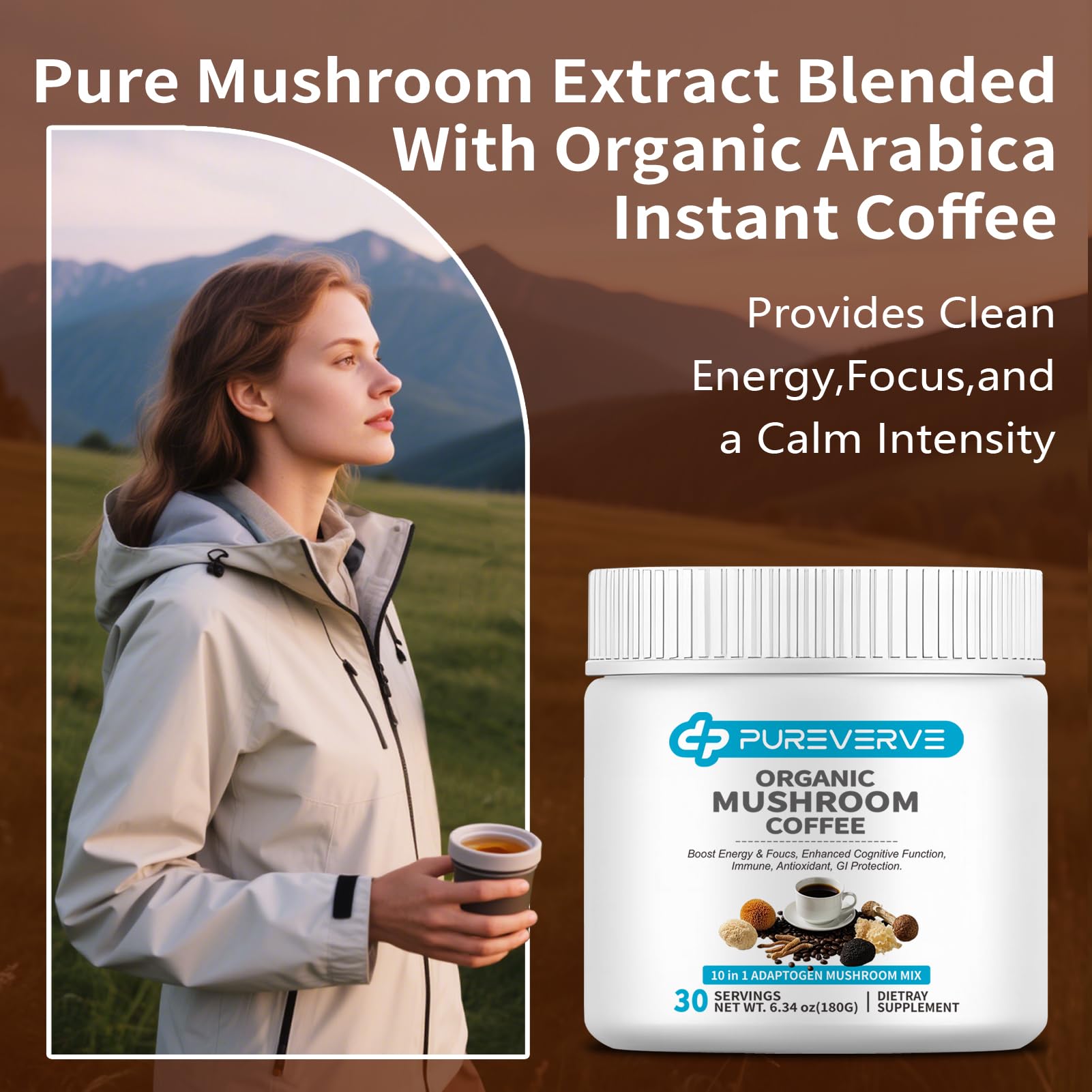 Front label of Pureverve Mushroom Coffee detailing ingredients and antioxidants
