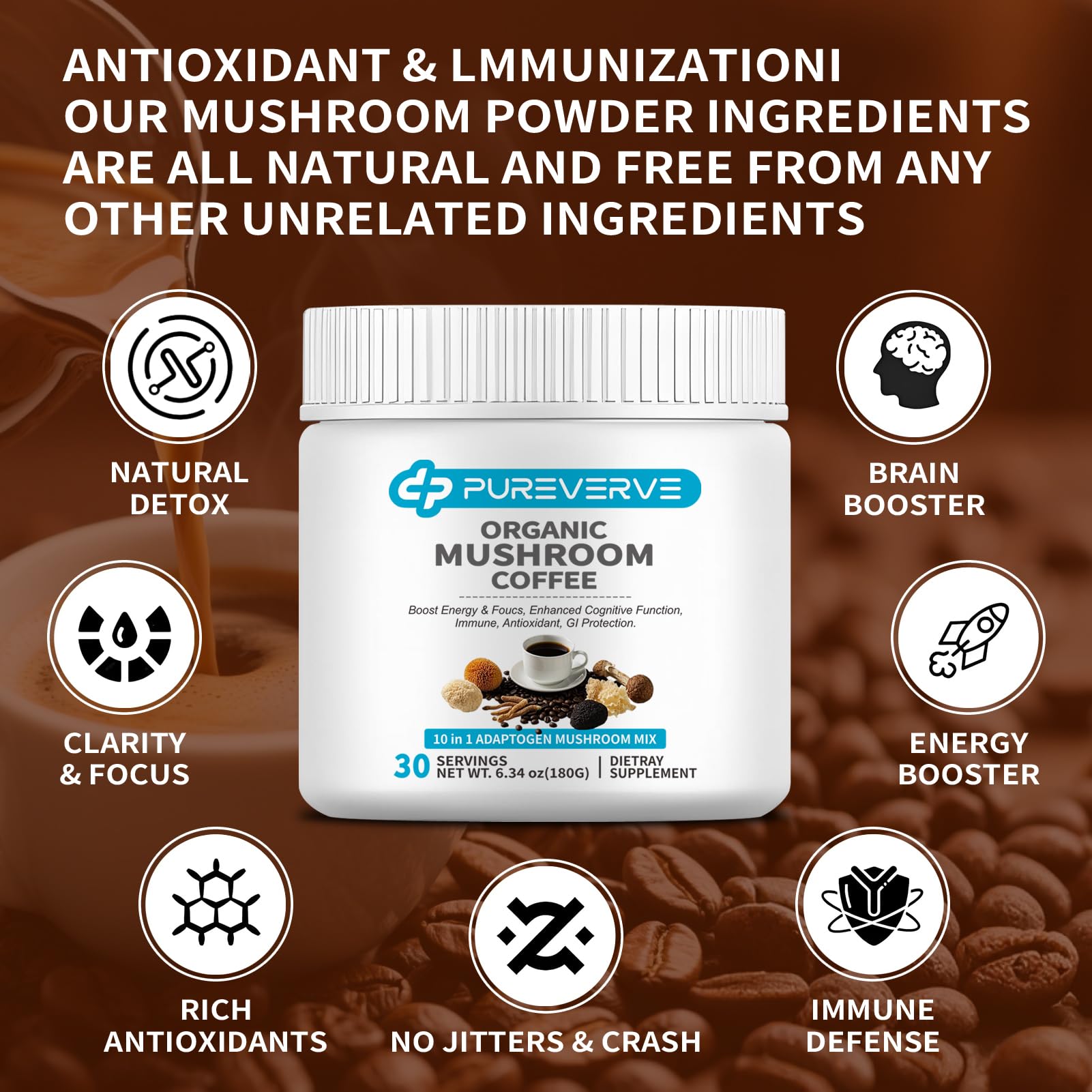 Mug of Pureverve Mushroom Coffee releasing aromatic foam for a comforting morning ritual
