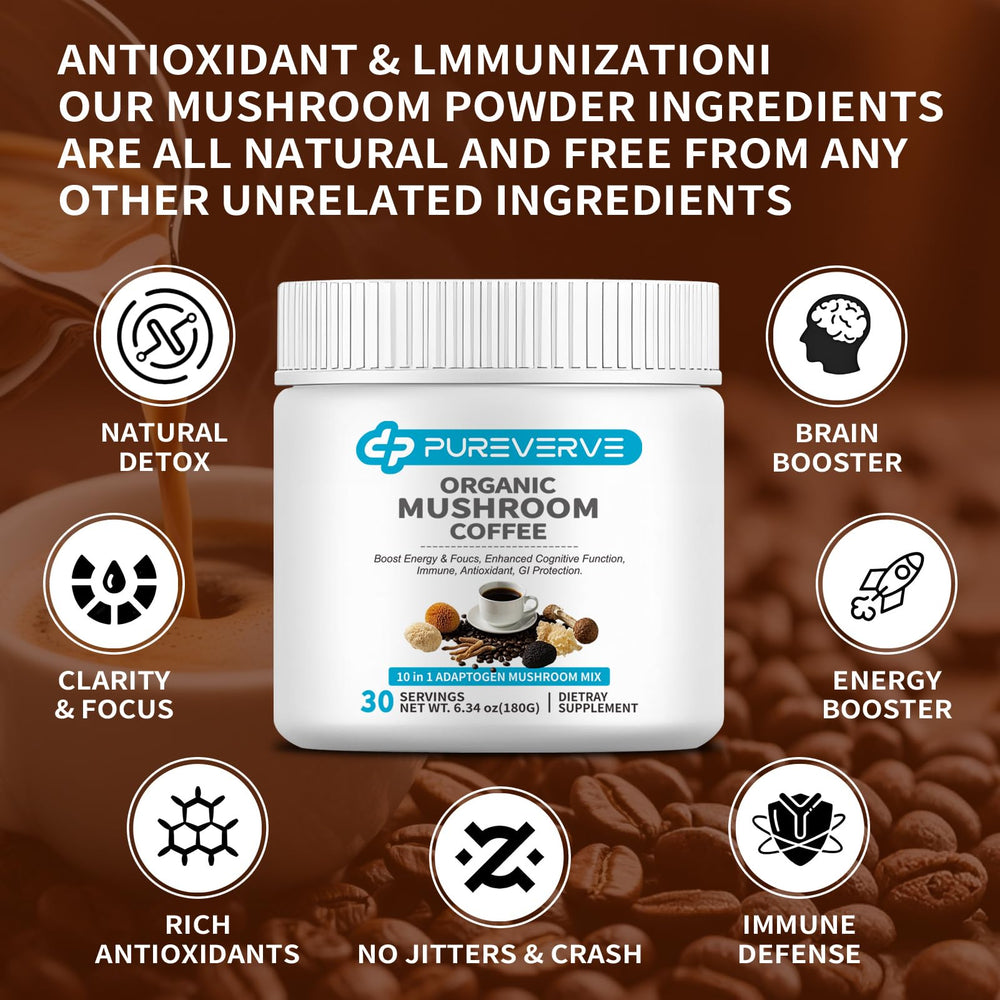 Mug of Pureverve Mushroom Coffee releasing aromatic foam for a comforting morning ritual