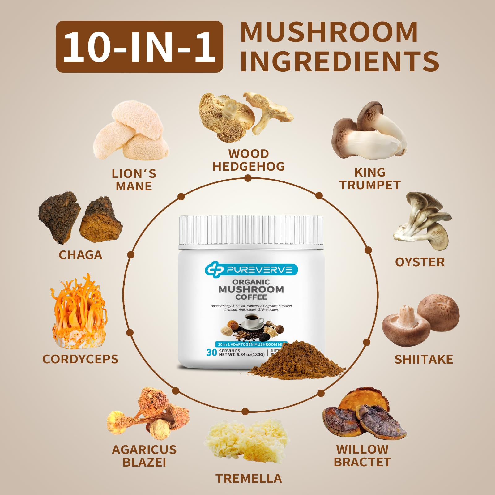 Pureverve Mushroom Coffee packaging on kitchen counter highlighting high-altitude beans