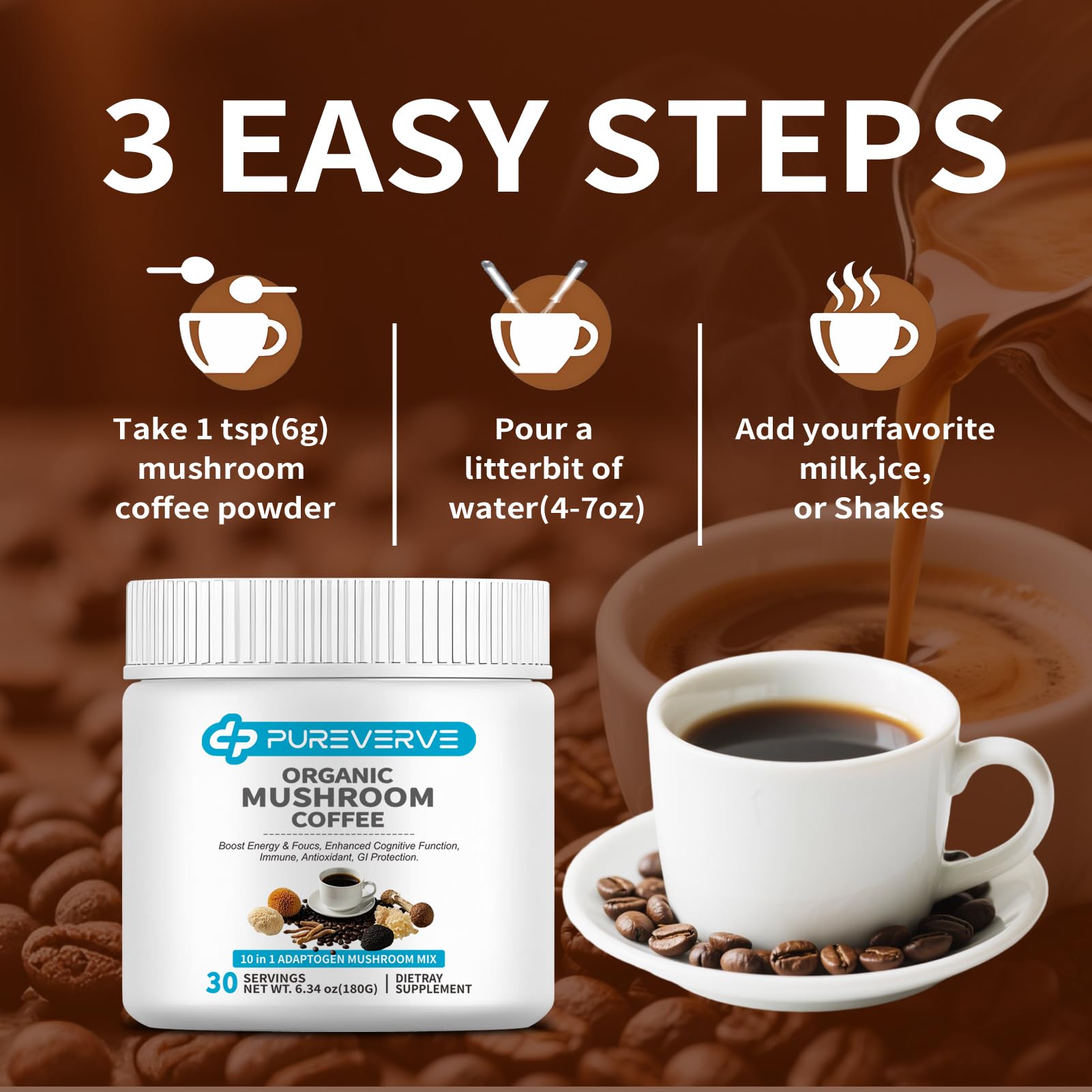 Scoop beside Pureverve Mushroom Coffee bag for easy servings at home