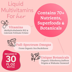 PureGood Women’s Liquid Multivitamin bottle label highlighting 70+ nutrients