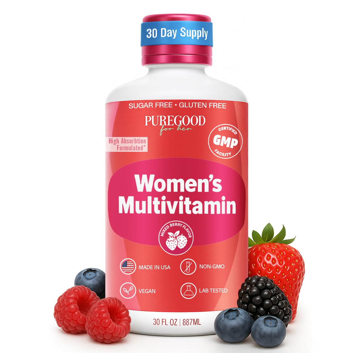 PureGood Women’s Liquid Multivitamin bottle pouring into a glass for daily energy support