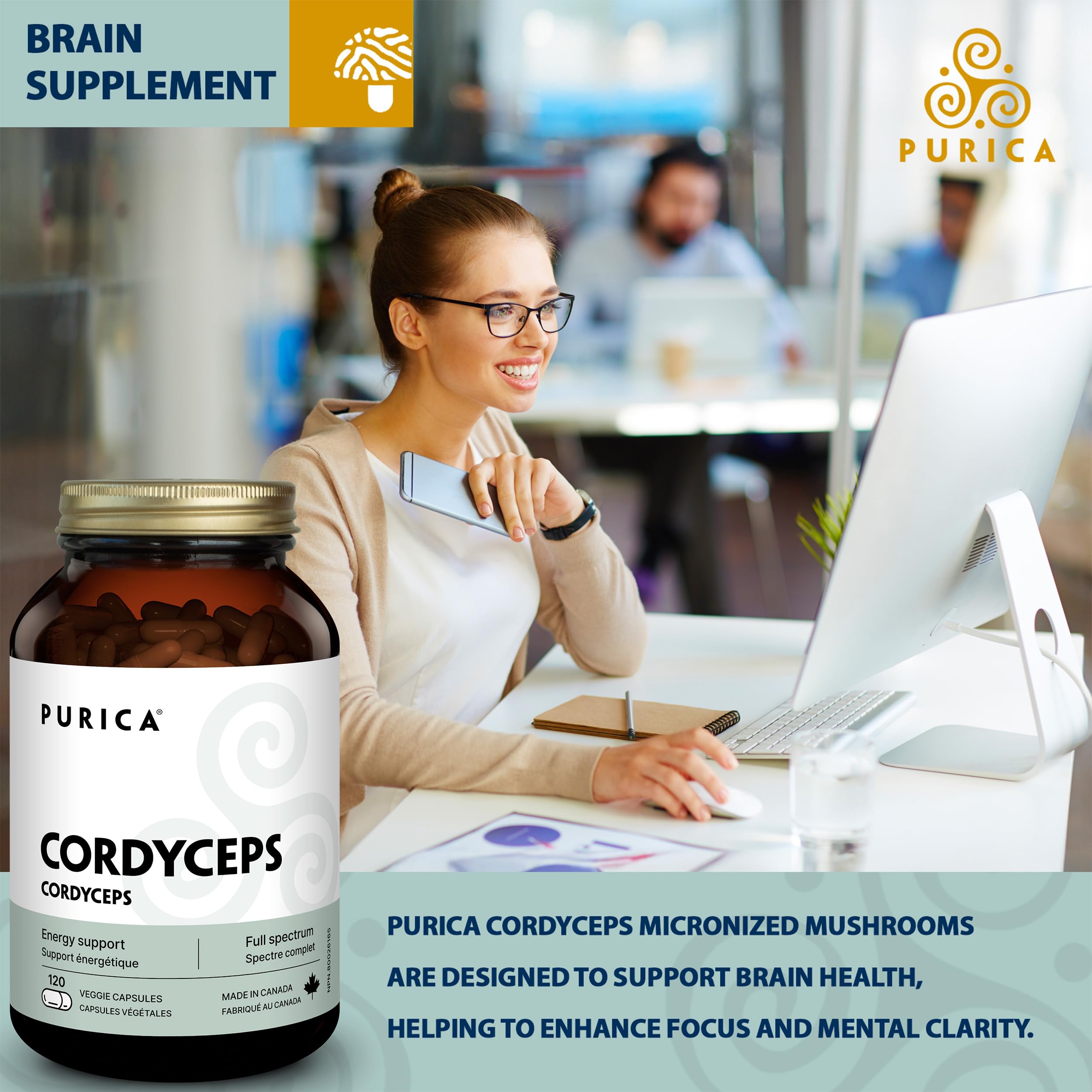 PURICA Cordyceps bottle label close-up highlighting non-GMO and gluten-free