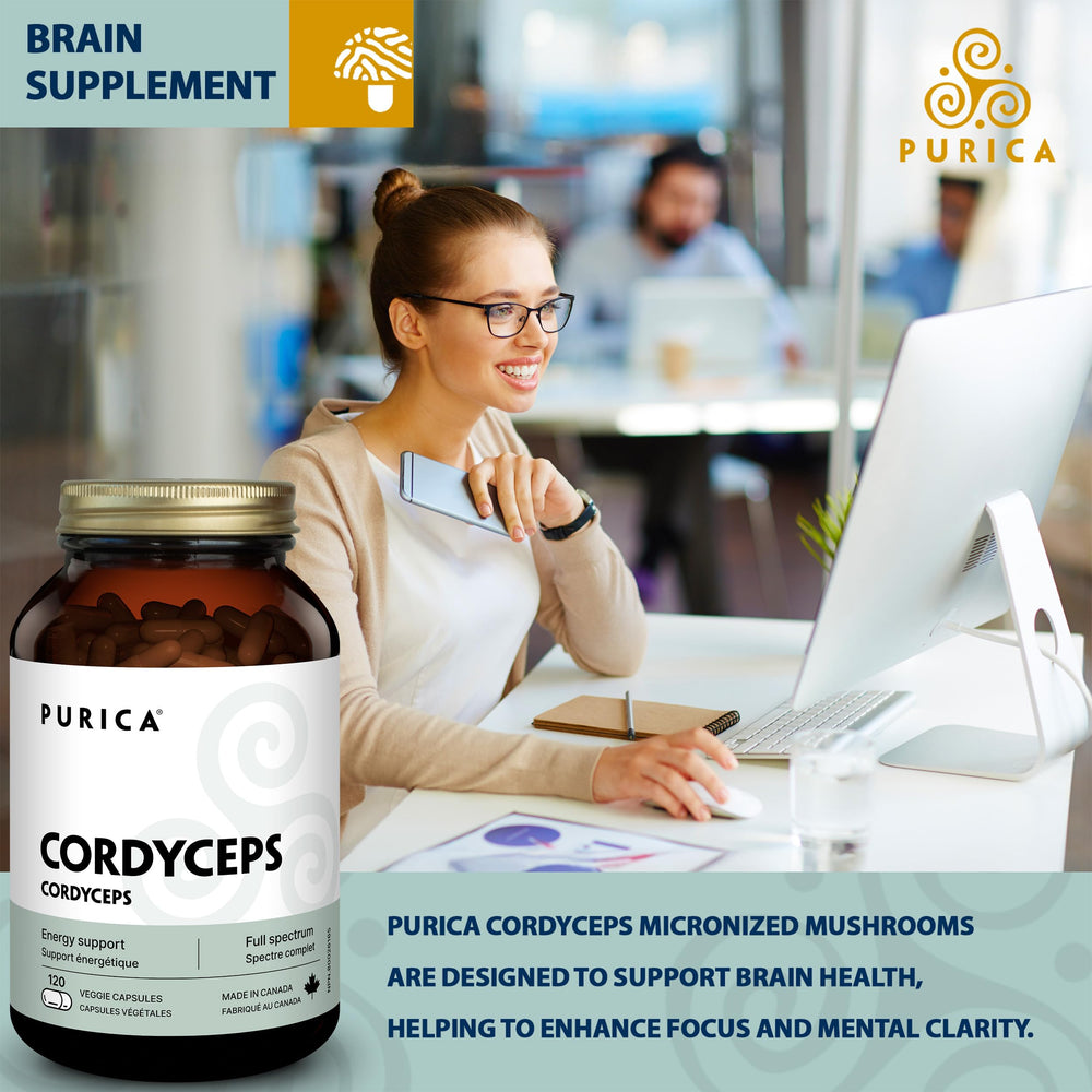 PURICA Cordyceps bottle label close-up highlighting non-GMO and gluten-free