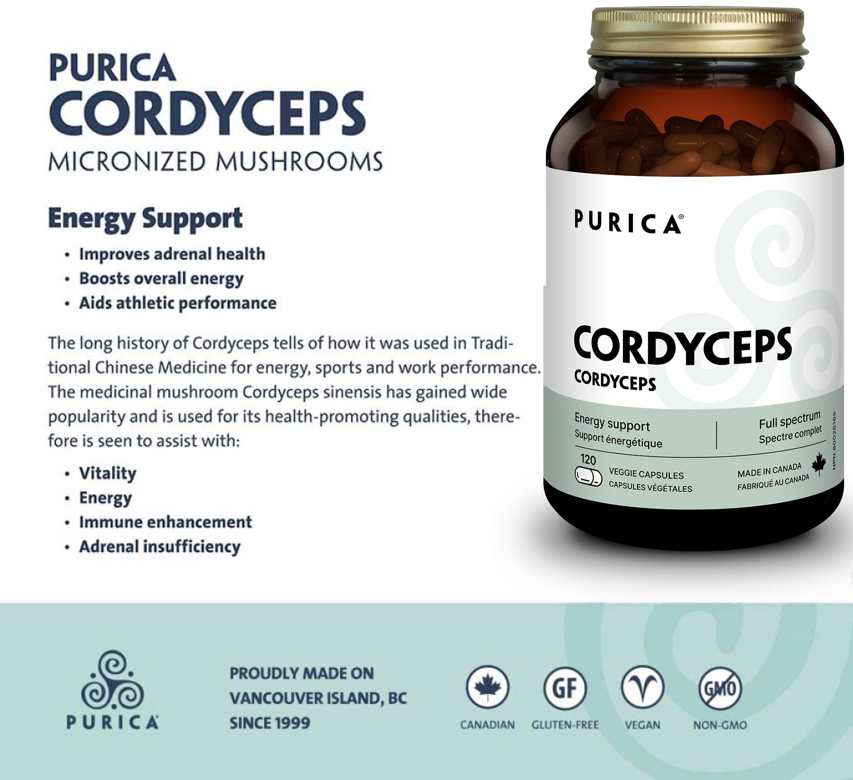 PURICA Cordyceps capsules close-up for easy daily dosing