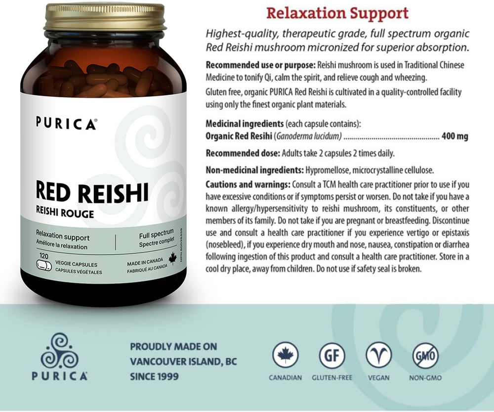 PURICA Red Reishi 120 CT bottle in hand for portability and ease.