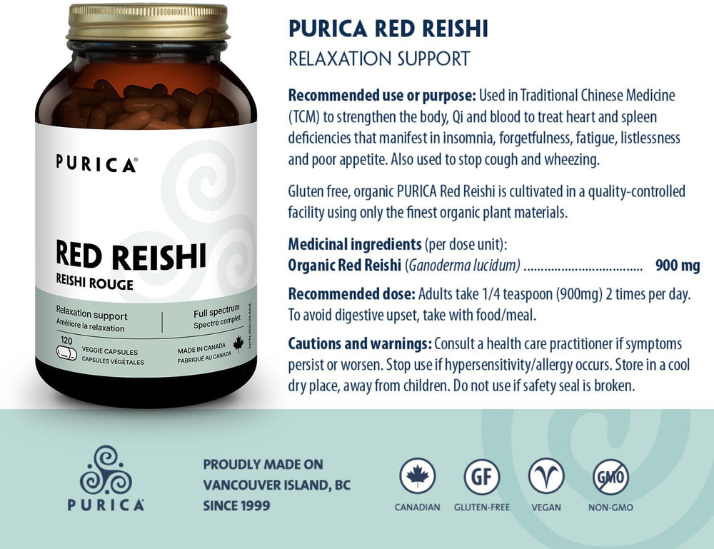 PURICA Red Reishi 120 CT bottle on a neutral desk setting.