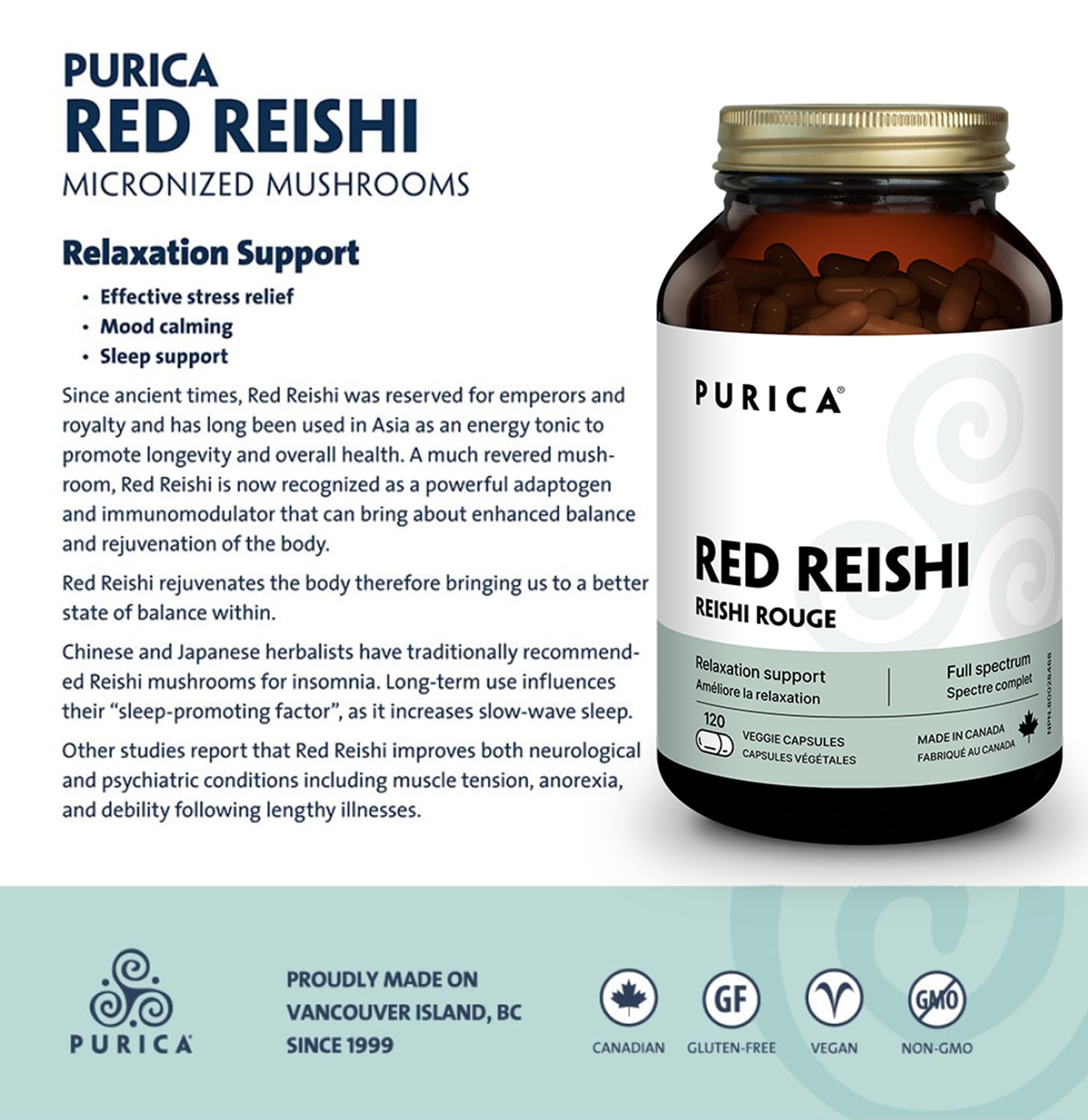 PURICA Red Reishi 120 CT bottle side label highlights potency.