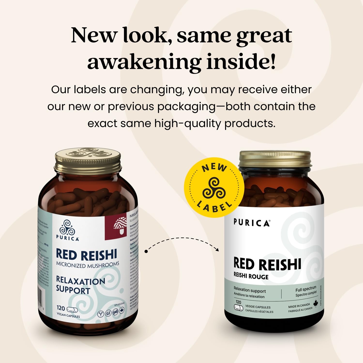 PURICA Red Reishi 120 CT promotional box beside the bottle.