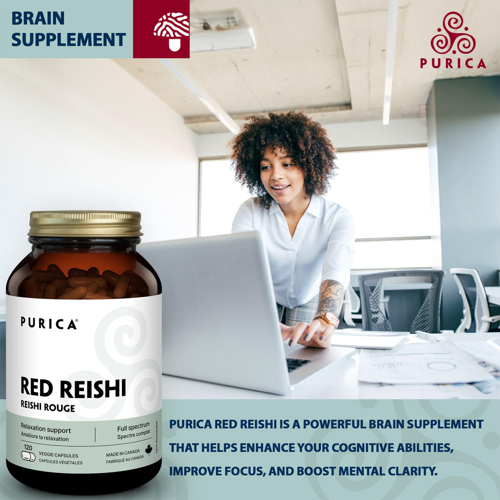 PURICA Red Reishi 120 CT capsules closeup showing convenient dosage.