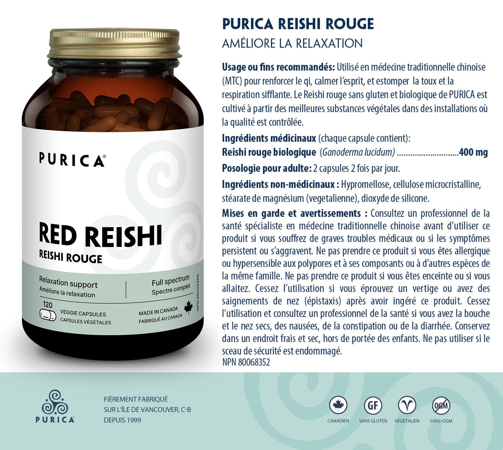 PURICA Red Reishi 120 CT capsules being dispensed for easy dosing.