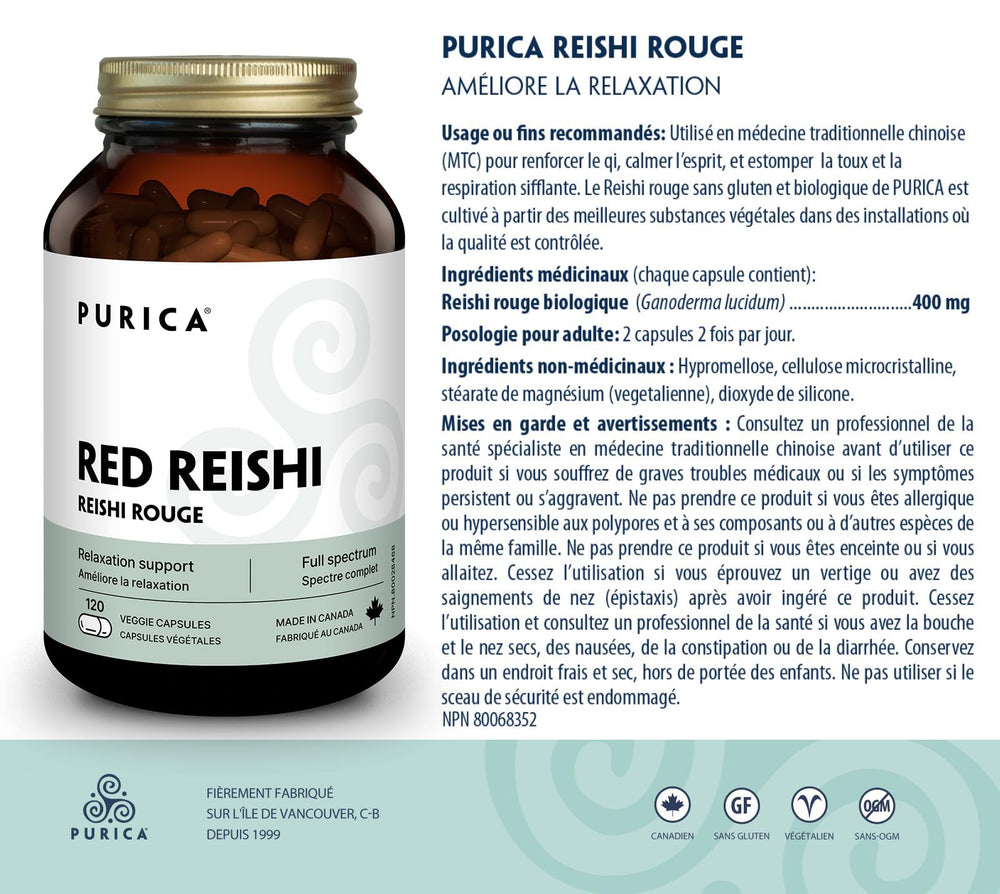 PURICA Red Reishi 120 CT capsules being dispensed for easy dosing.