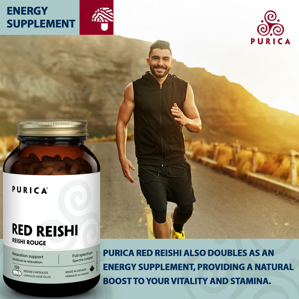 PURICA Red Reishi 120 CT macro image emphasizes textured mushroom extract.