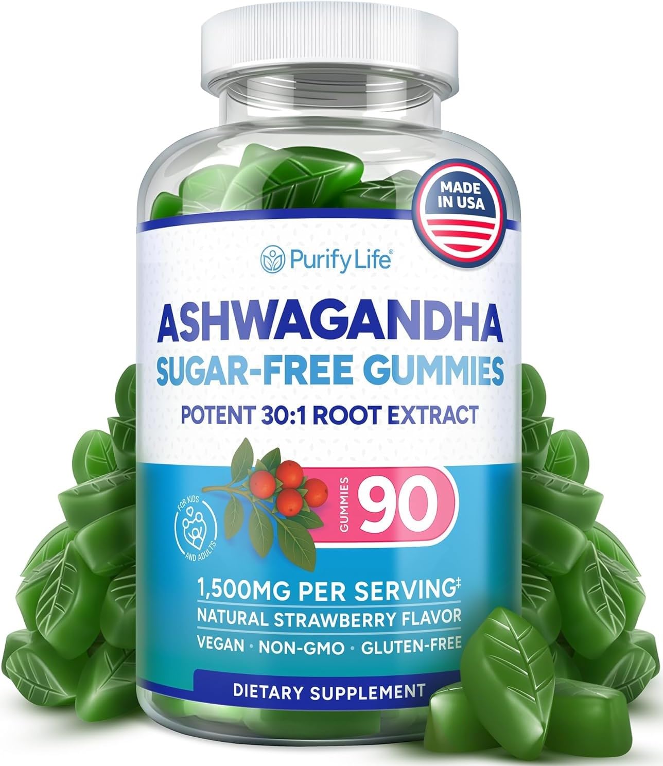 Purify Life sugar-free ashwagandha gummies strawberry bottle for stress support