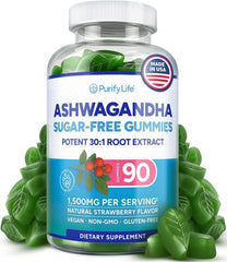 Purify Life sugar-free ashwagandha gummies strawberry bottle for stress support