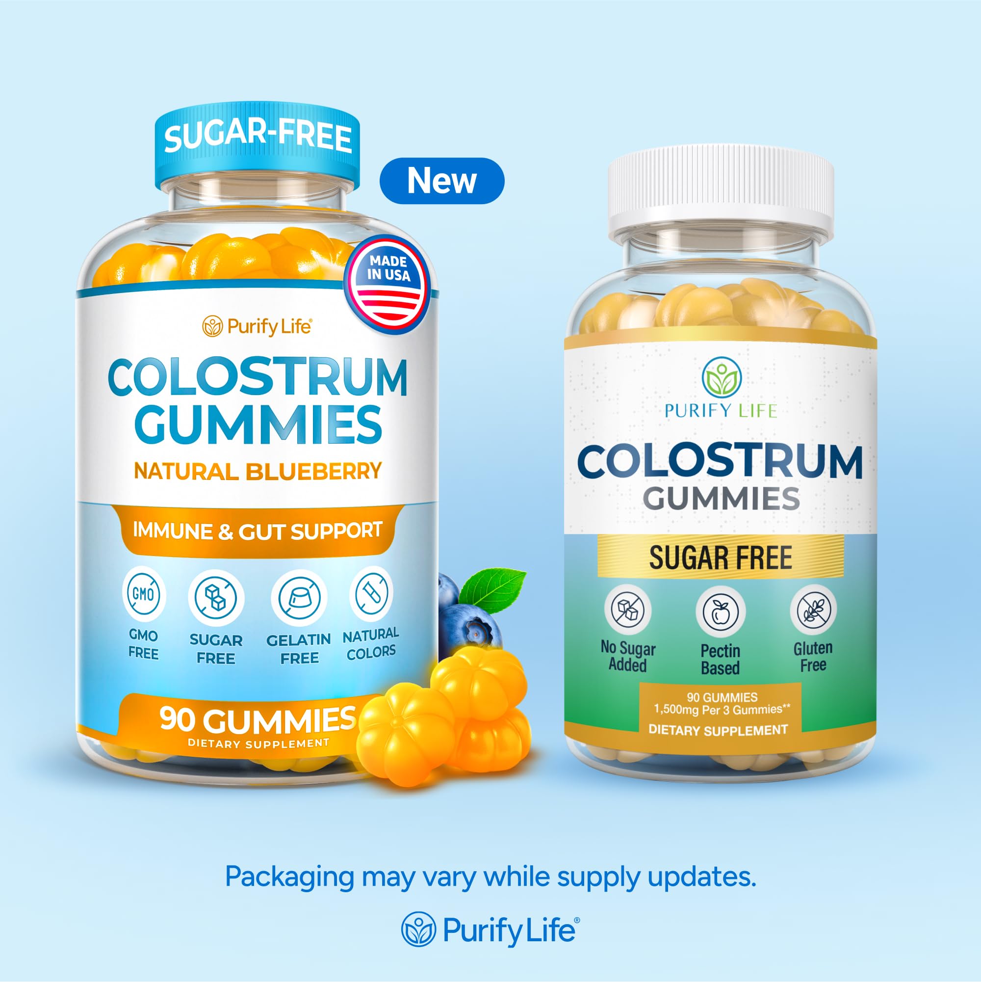 90 chews per bottle of Purify Life gummies beside a travel-ready case.