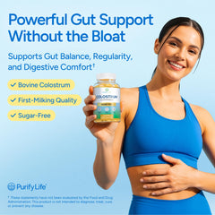 Close-up of Purify Life colostrum gummy texture highlighting sugar-free blueberry flavor.