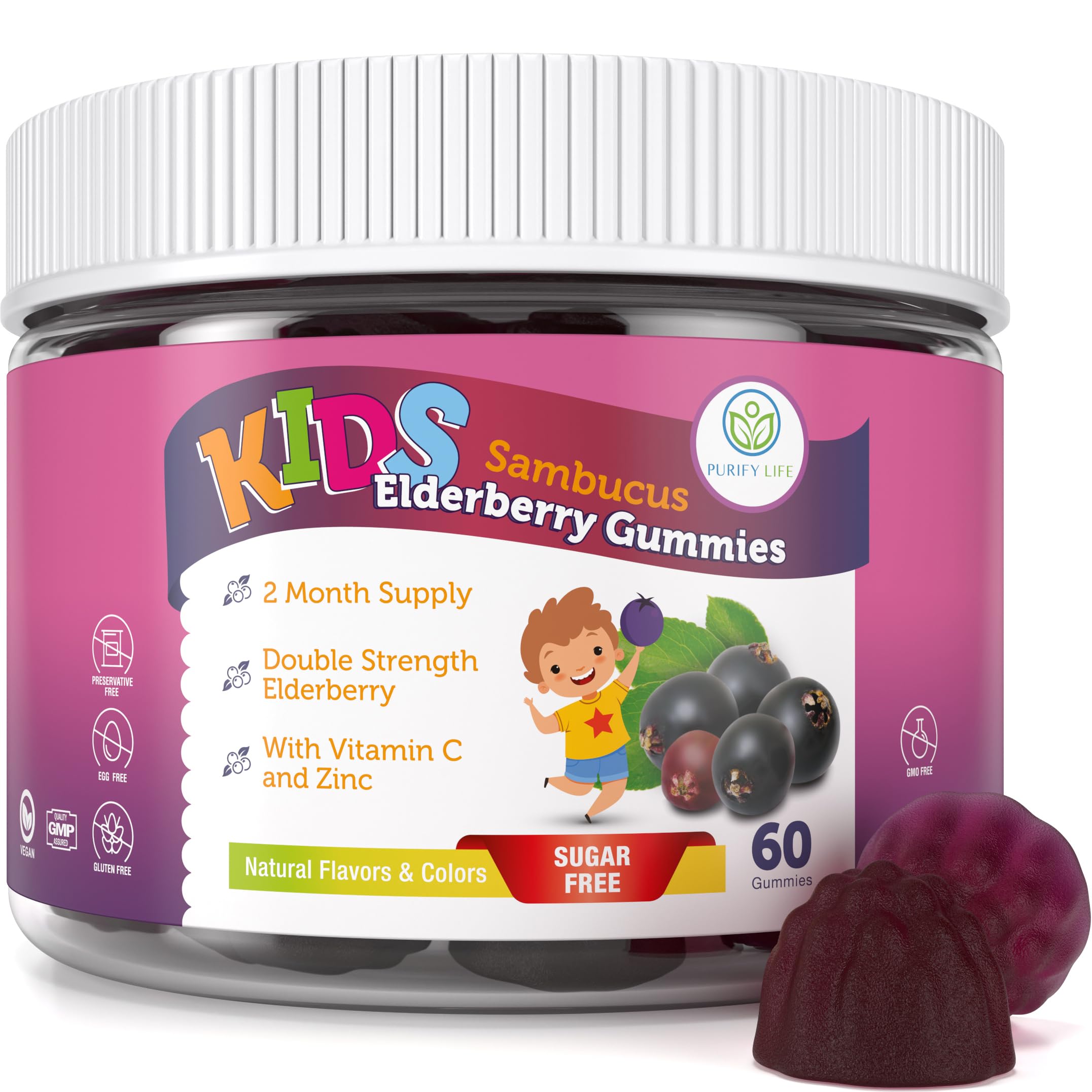 Purify Life Kids Elderberry Gummies pack shot showing a 60-count bottle for daily use